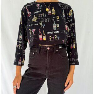 90s vintage black embellished wine lover gift winery graphic cropped shirt top